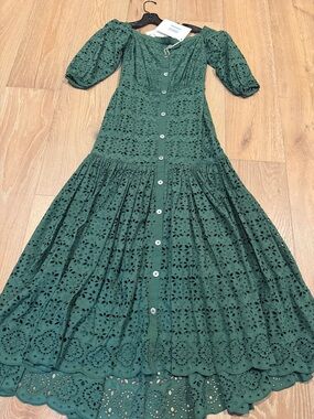 Veronica Beard Emerald Green Eyelet Button-Front Maxi Dress